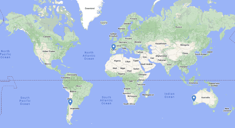 The locations of the ESA Deep Space Antennas in Australia, Spain and Argentina